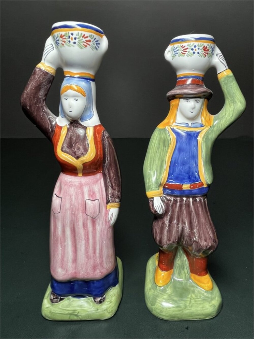Vintage RARE Henriot Quimper France Hand Painted Faience Candle Stick Holders